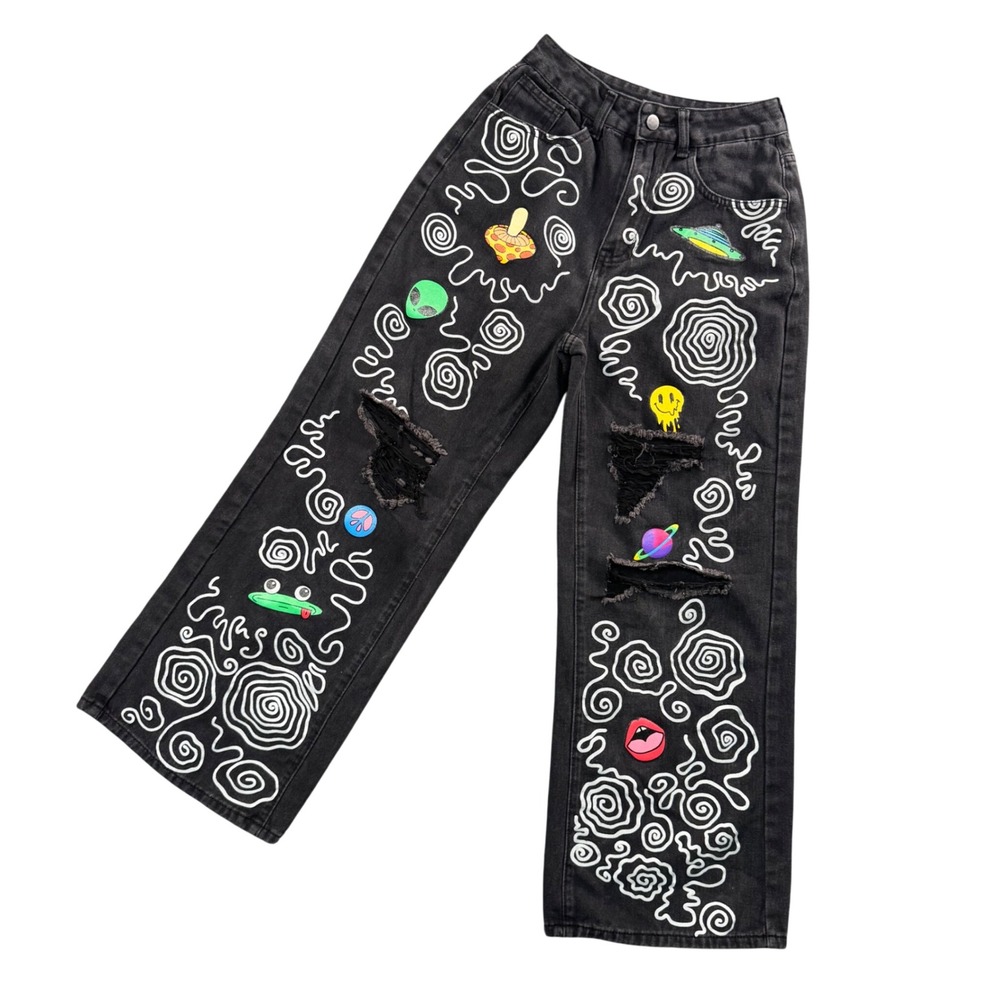 ROMWE Black Wide Leg Jeans Womens S Cosmic Alien Mushroom Graphic Y2K‎